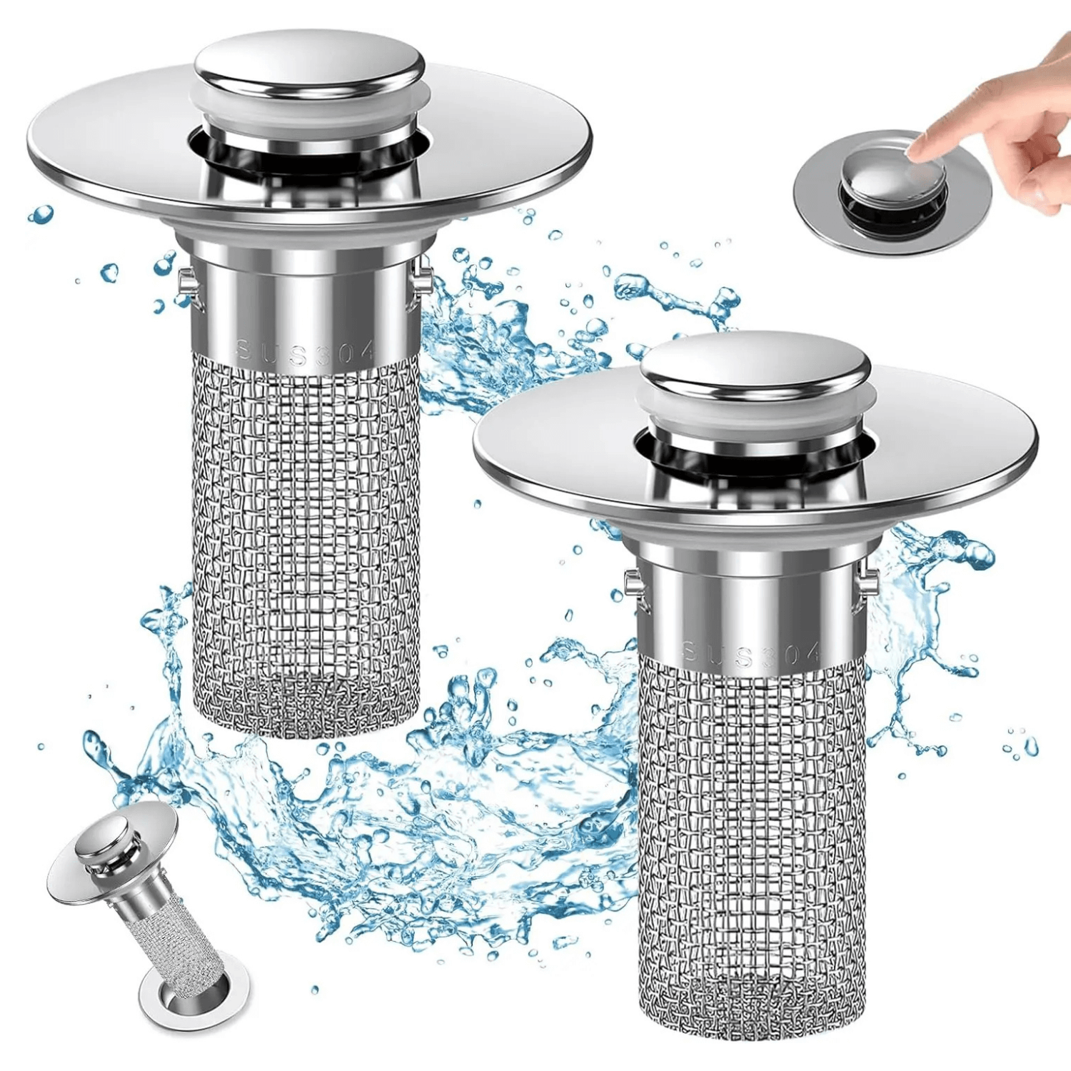 Bathroom Sink Drain Strainer with press-type pop-up mechanism and mesh design for efficient clog prevention.