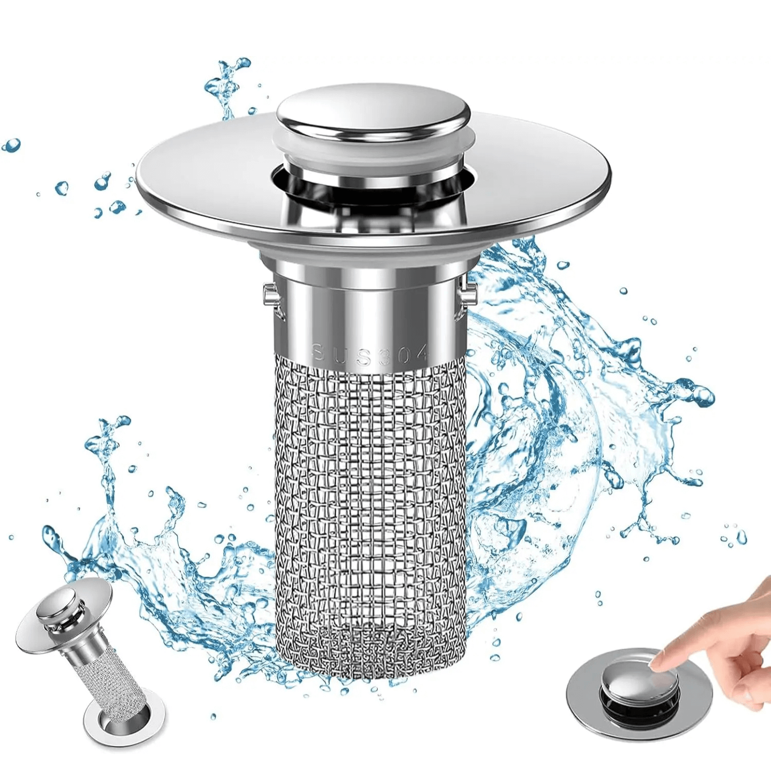 Bathroom Sink Drain Strainer with a press-type pop-up mechanism and a mesh strainer design.