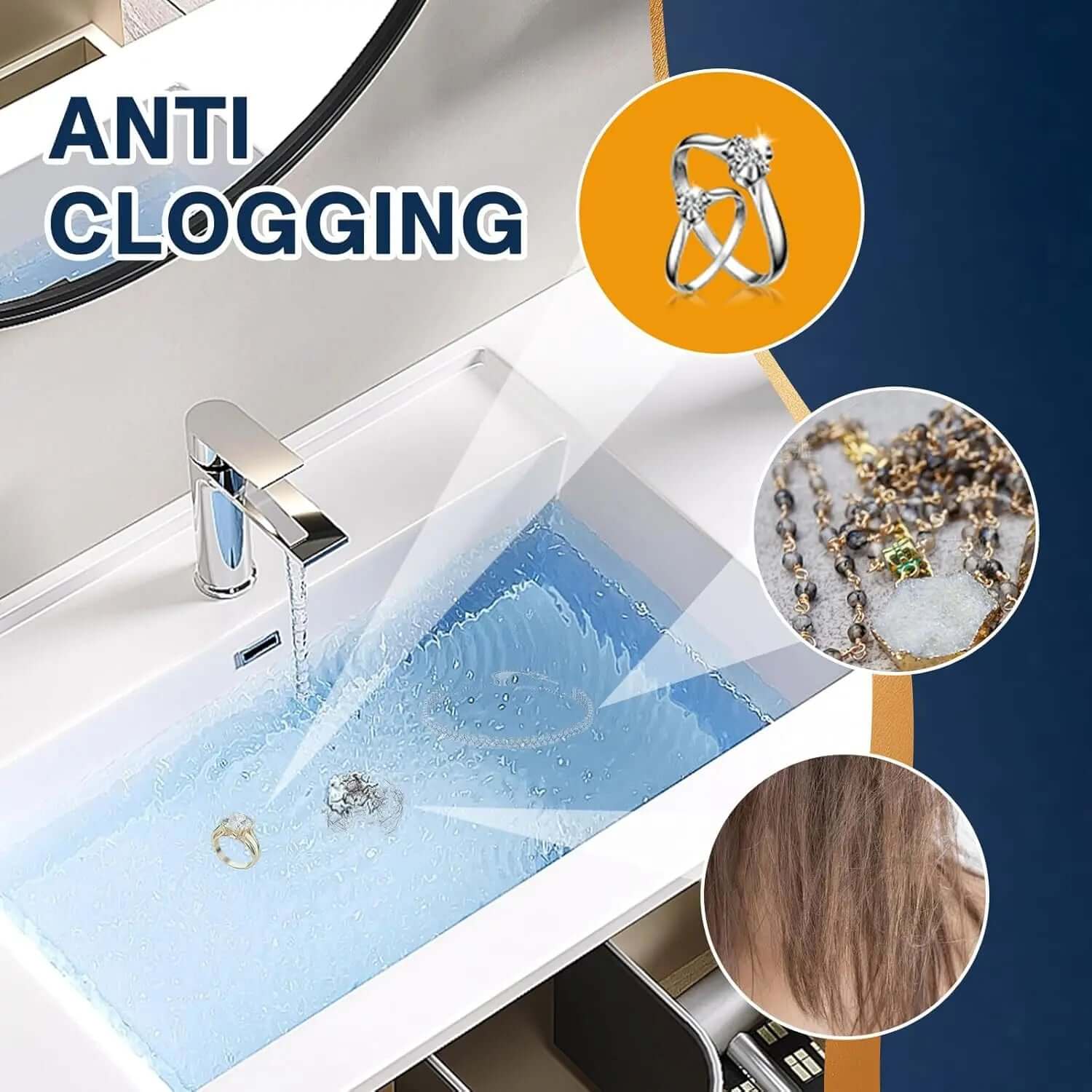Bathroom Sink Drain Strainer showing anti-clogging design, preventing jewelry and hair from blocking sink drain.