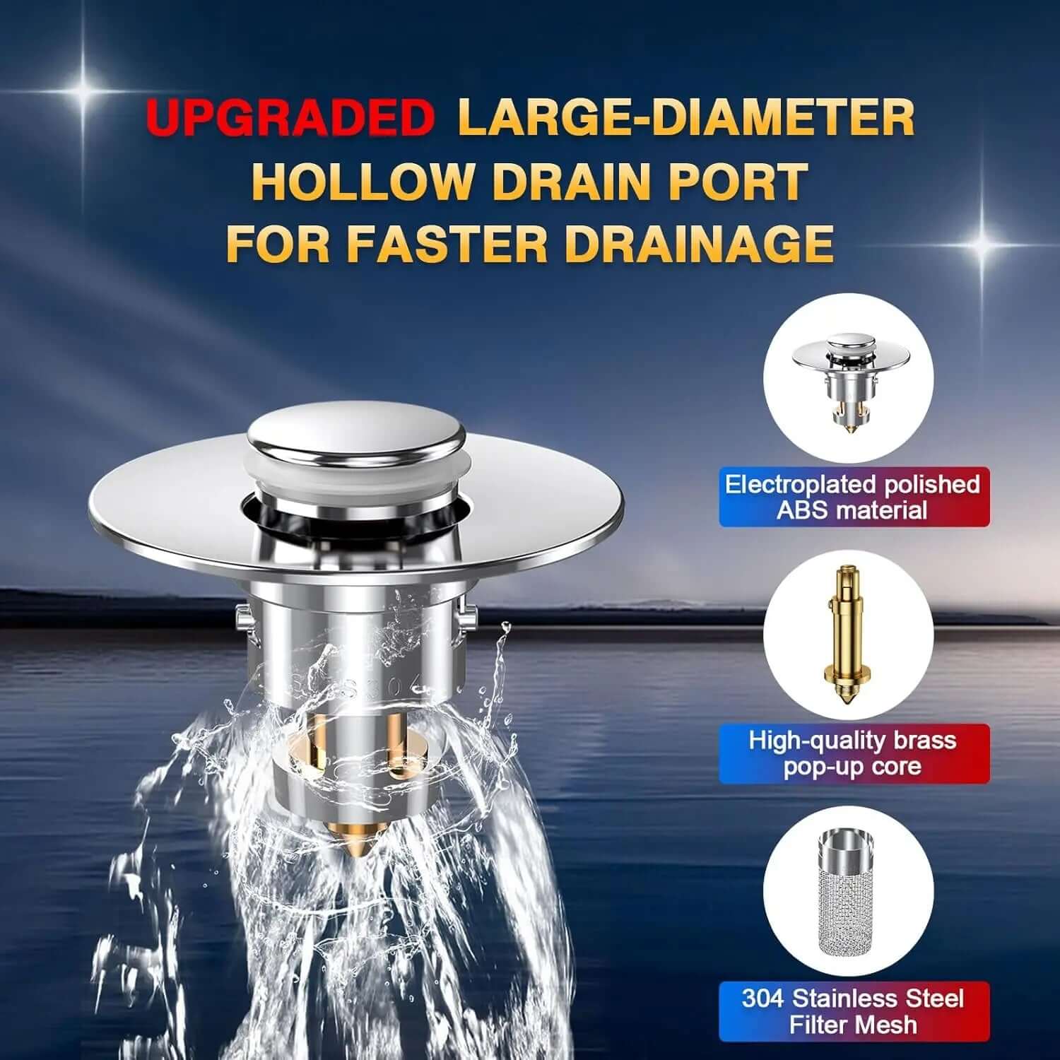 Bathroom Sink Drain Strainer with upgraded large-diameter hollow drain port for faster drainage