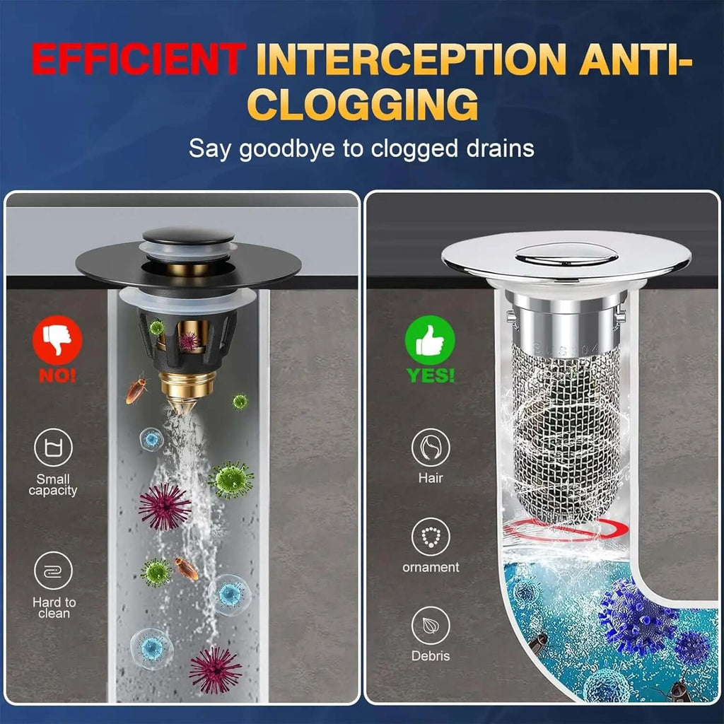 Bathroom Sink Drain Strainer showing anti-clogging features with efficient interception and easy cleaning.