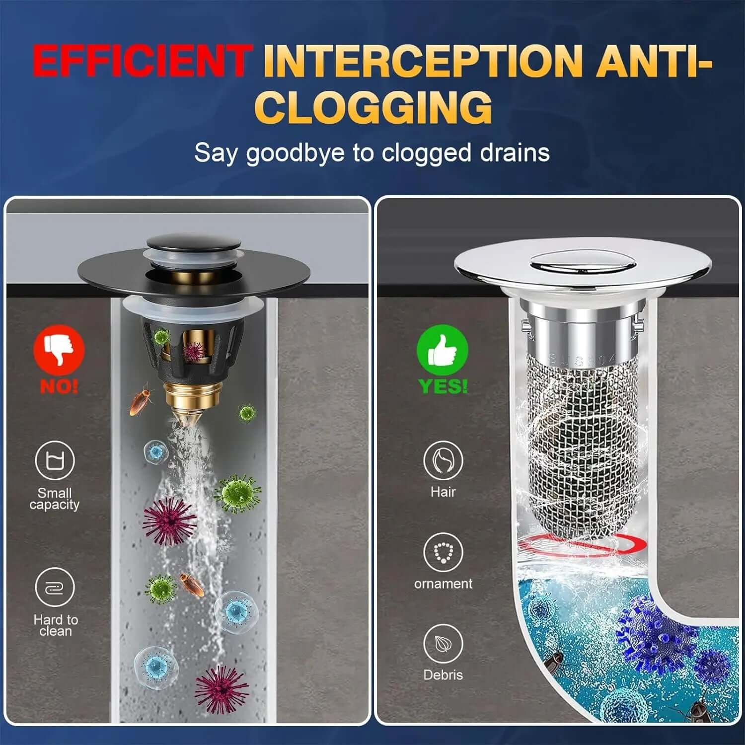 Bathroom Sink Drain Strainer showing anti-clogging features with efficient interception and easy cleaning.